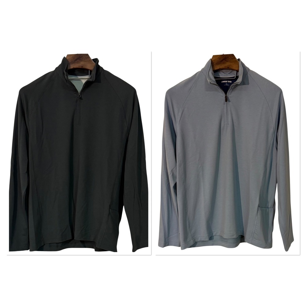 Lands End Mens 2 Lot Flex Performance Pullover 1/4 Zip Olive Green Blue L 42-44